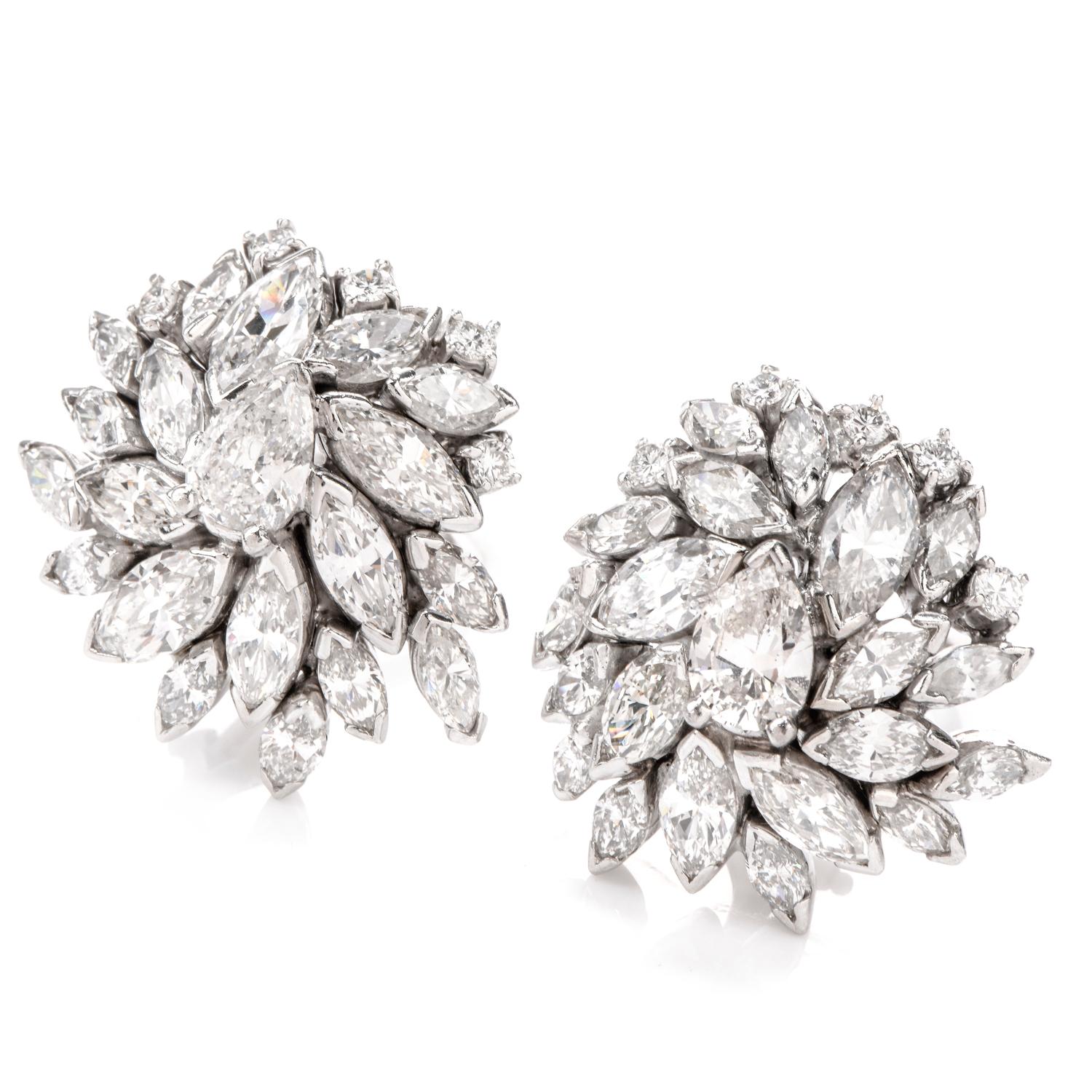 Vintage Marquise Diamond Floral Motif Platinum Clip-On Earrings 1