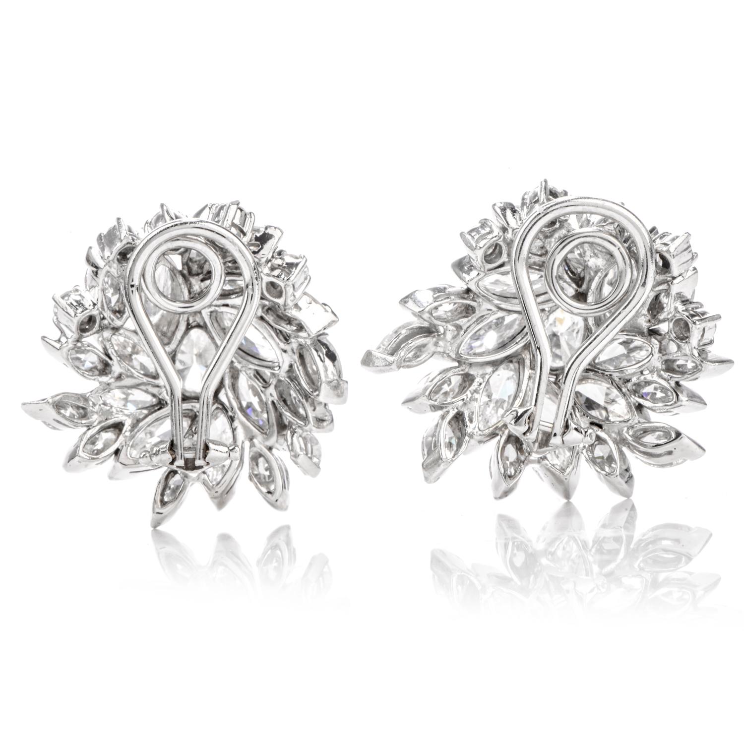 Vintage Marquise Diamond Floral Motif Platinum Clip-On Earrings 2