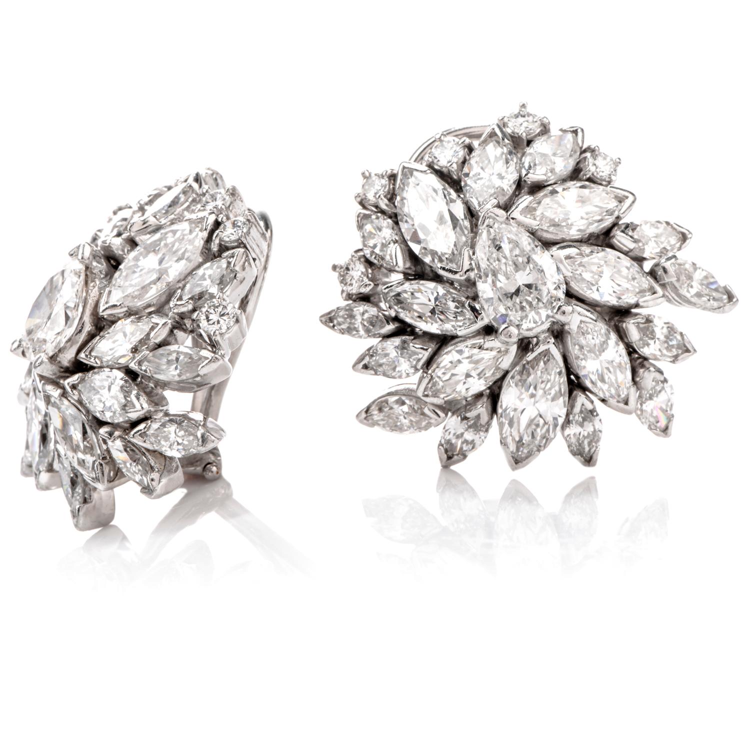 Vintage Marquise Diamond Floral Motif Platinum Clip-On Earrings 3