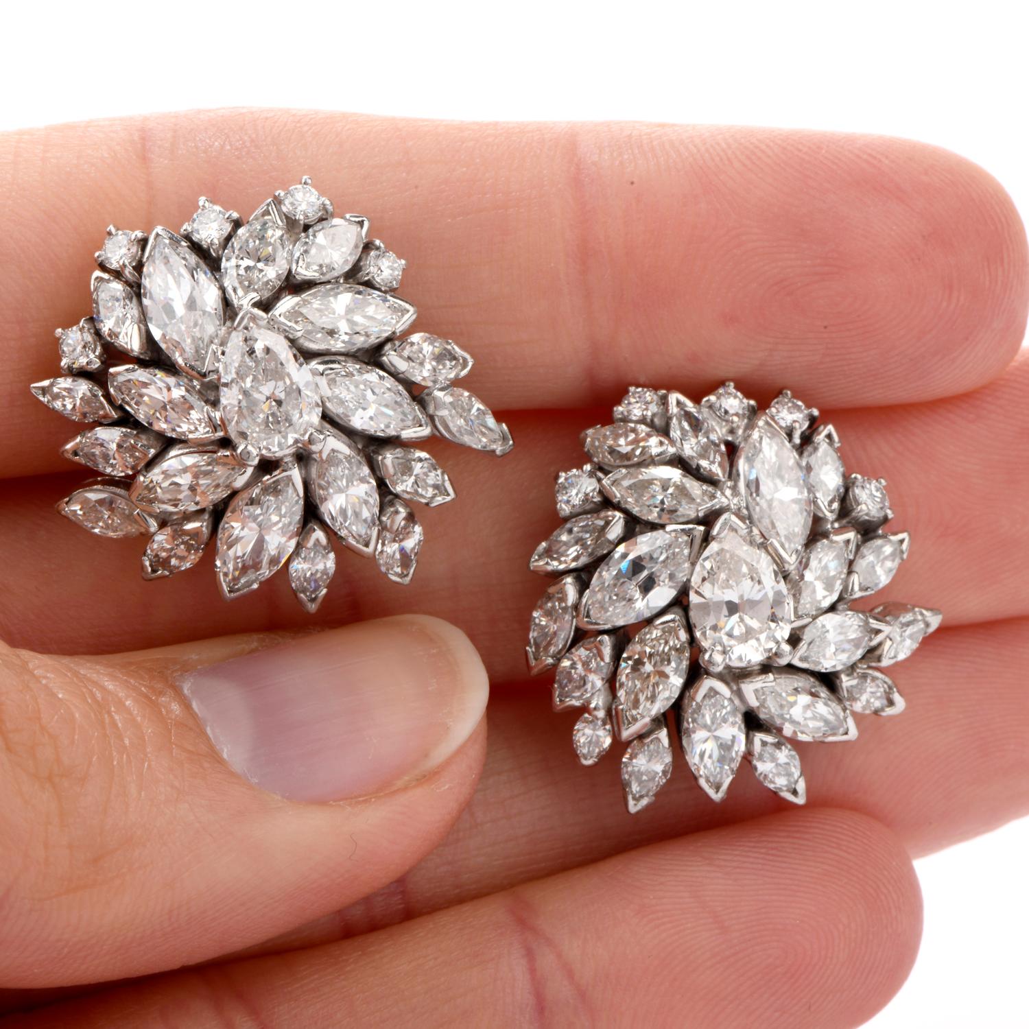 Vintage Marquise Diamond Floral Motif Platinum Clip-On Earrings 4