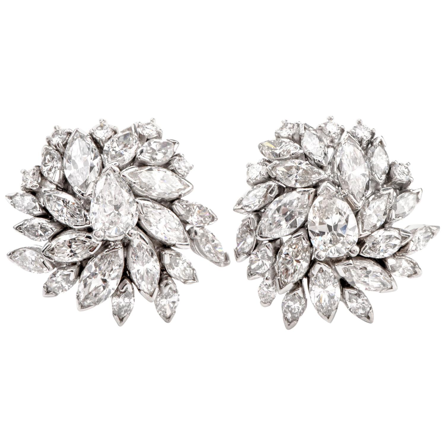 Vintage Marquise Diamond Floral Motif Platinum Clip-On Earrings