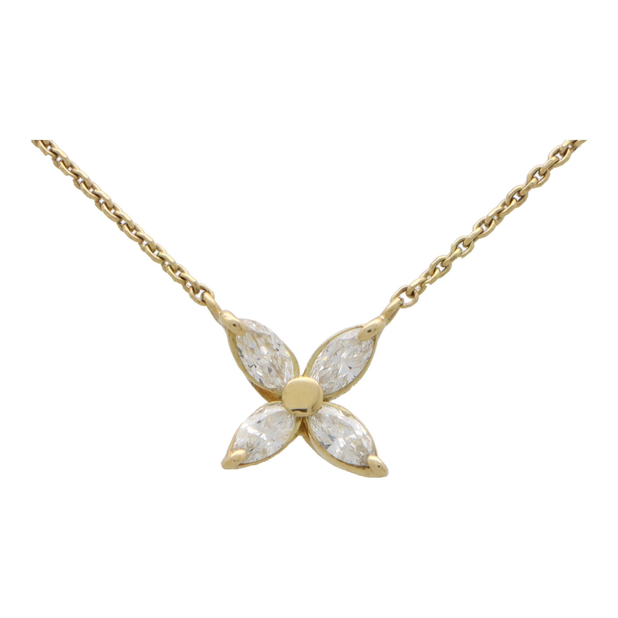 Modern Vintage Marquise Diamond Floral Pendant Necklace in Yellow Gold For Sale