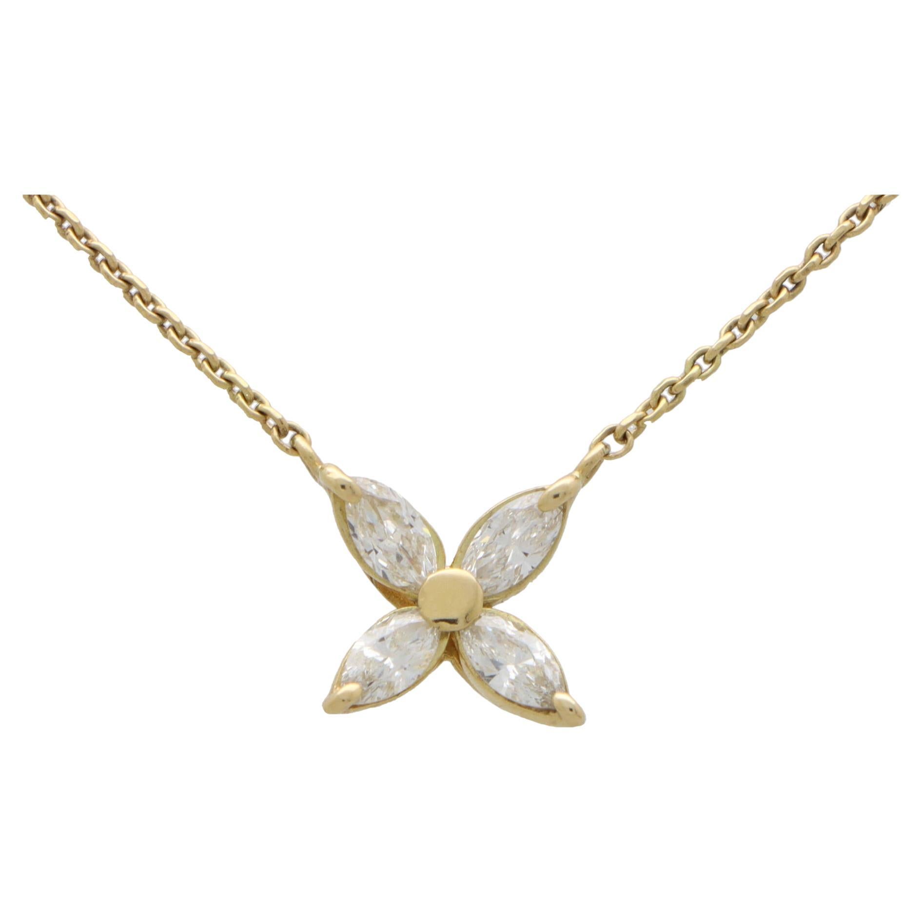 Vintage Marquise Diamond Floral Pendant Necklace in Yellow Gold