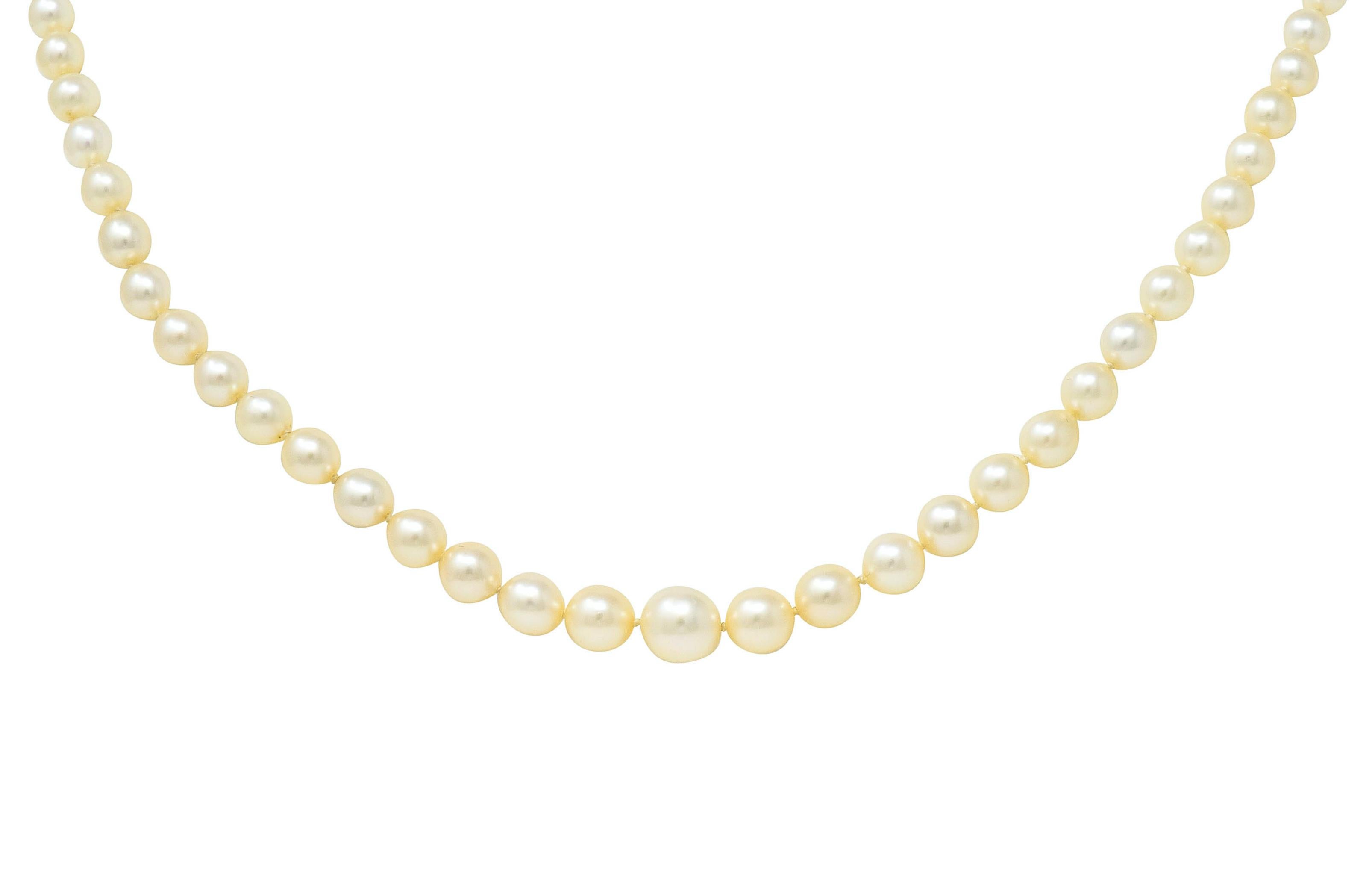 Vintage Marquise Diamond Platinum Graduated Pearl Strand Necklace In Excellent Condition In Philadelphia, PA