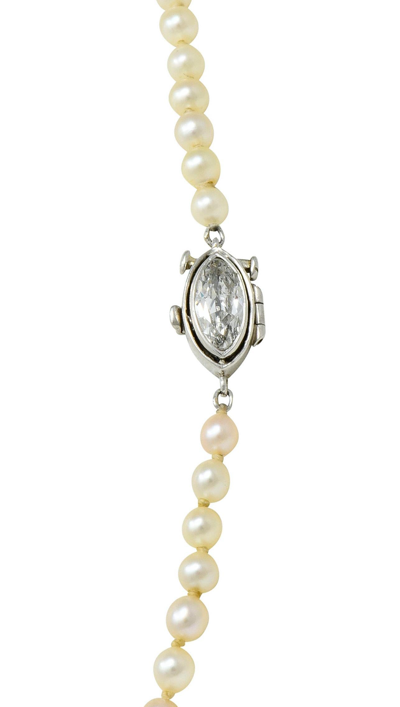 Women's or Men's Vintage Marquise Diamond Platinum Graduated Pearl Strand Necklace