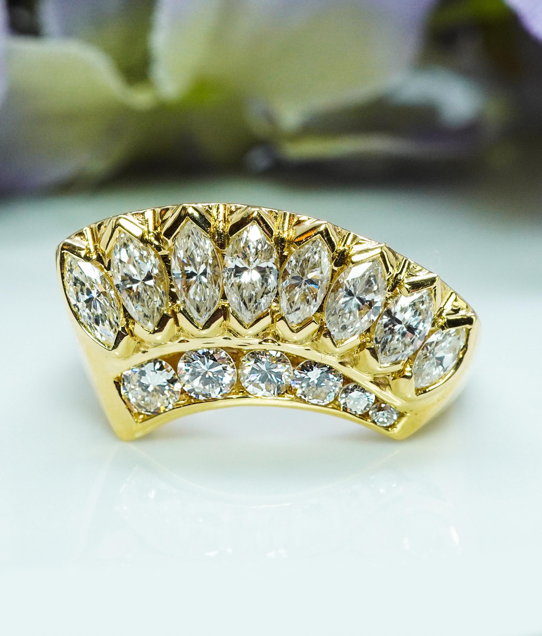  High Quality Vintage Marquise Diamond Ring 18K Yellow Gold Estate Jewelry Wide Band

This piece came to us from a fine estate and is crafted in luxurious 18K yellow gold set with scintillating diamonds. There are brilliant marquise cut diamonds and