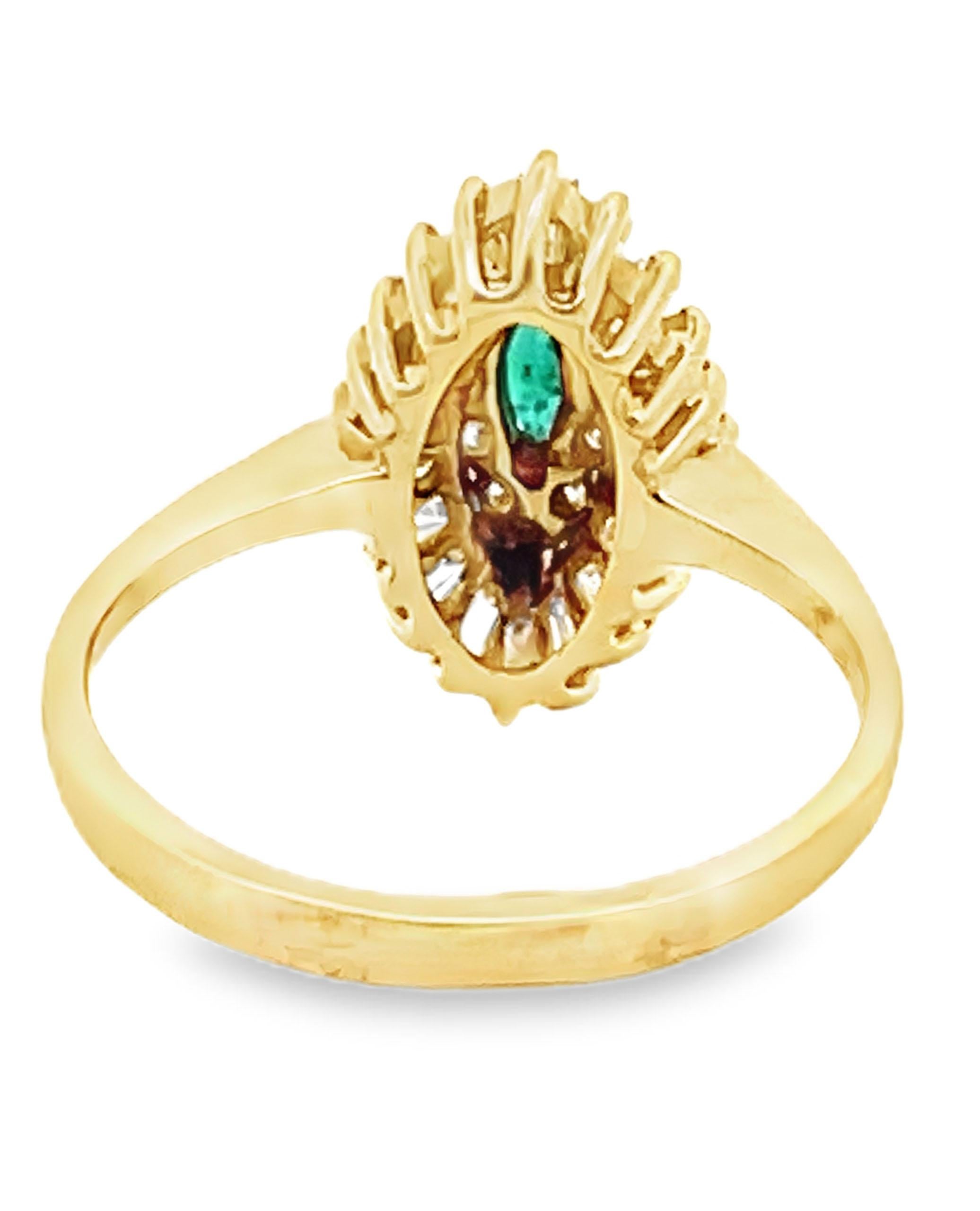 Contemporary Vintage Marquise Emerald Ring Double Halo Round & Baguette Diamonds in 18K Gold For Sale