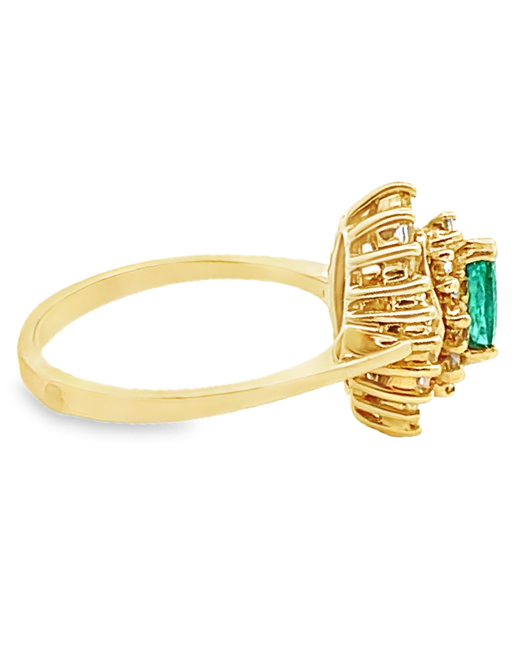 Mixed Cut Vintage Marquise Emerald Ring Double Halo Round & Baguette Diamonds in 18K Gold For Sale