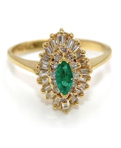 Vintage Marquise Emerald Ring Double Halo Round & Baguette Diamonds in 18K Gold