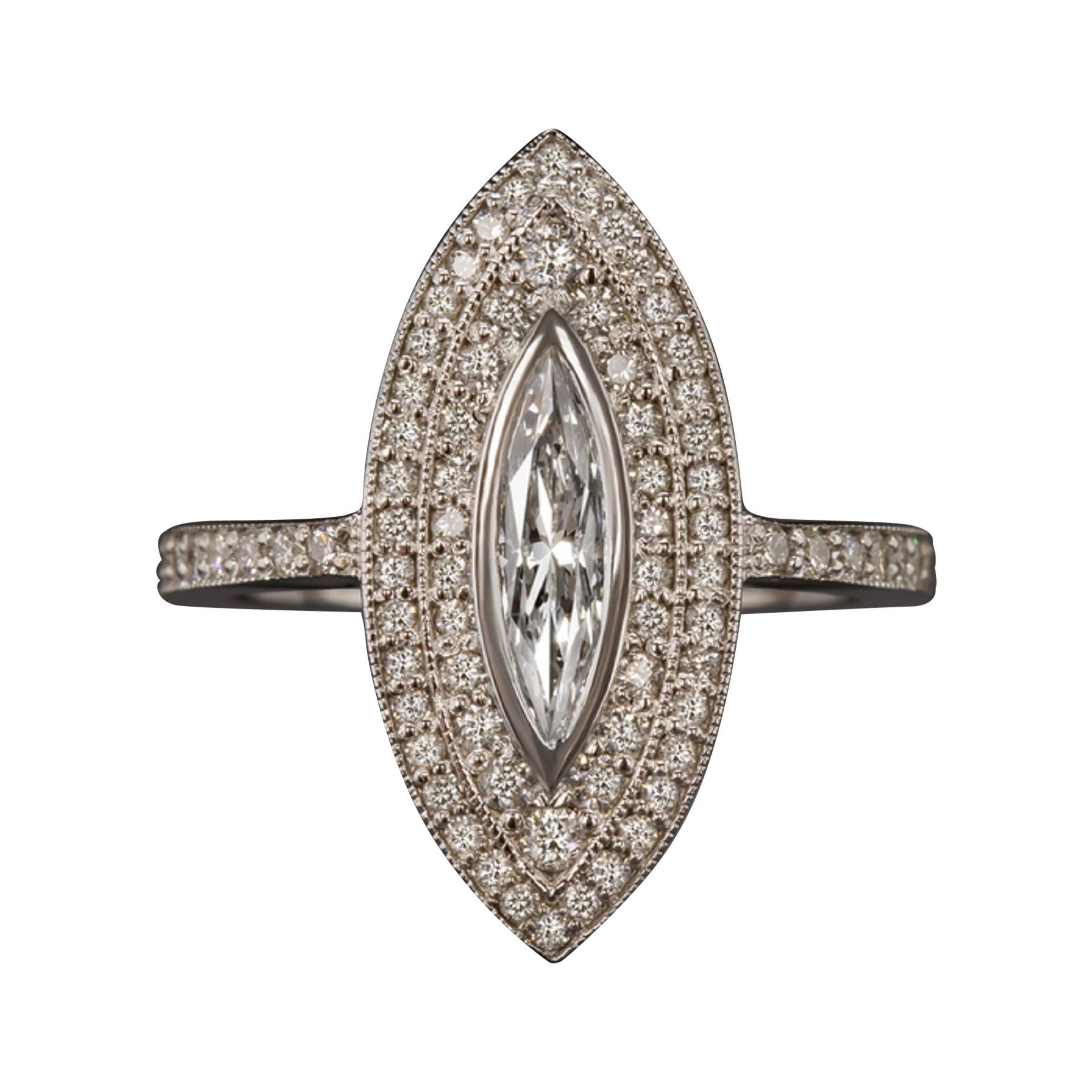 Vintage Marquise Round Brilliant Cut Diamond Double Halo White Gold Ring