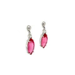 Vintage Marquise Rubellite Tourmaline and Diamond Platinum Drop Earrings
