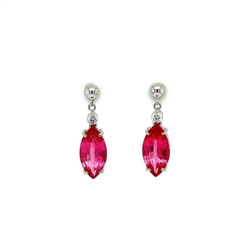 Marquise Cut Vintage Marquise Rubellite Tourmaline and Diamond Platinum Drop Earrings For Sale