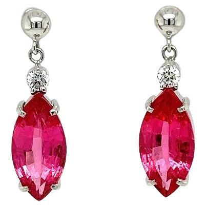 Vintage Marquise Rubellite Tourmaline and Diamond Platinum Drop Earrings For Sale