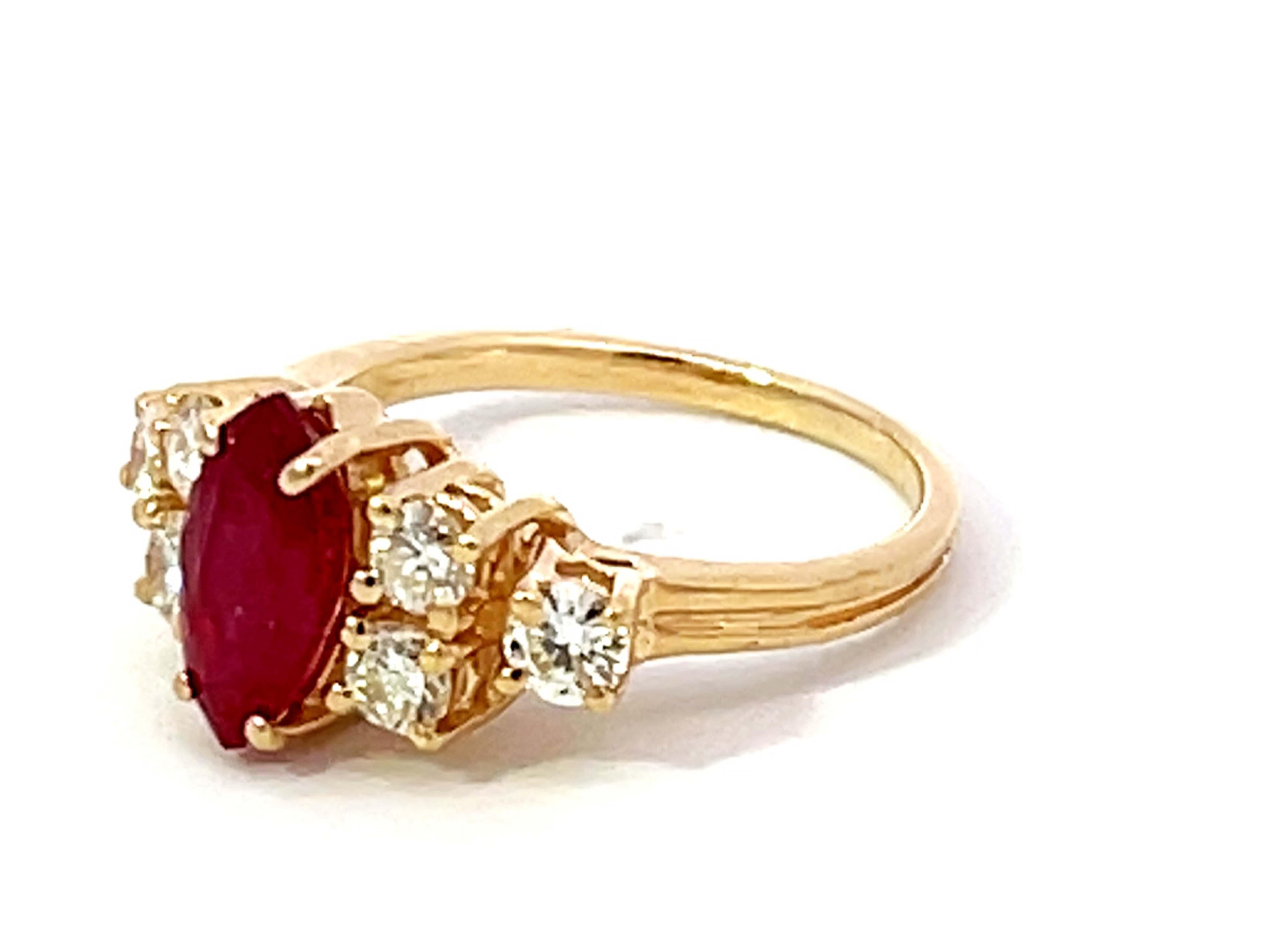 Modern Vintage Marquise Ruby and Diamond Band Ring in 14k Yellow Gold For Sale