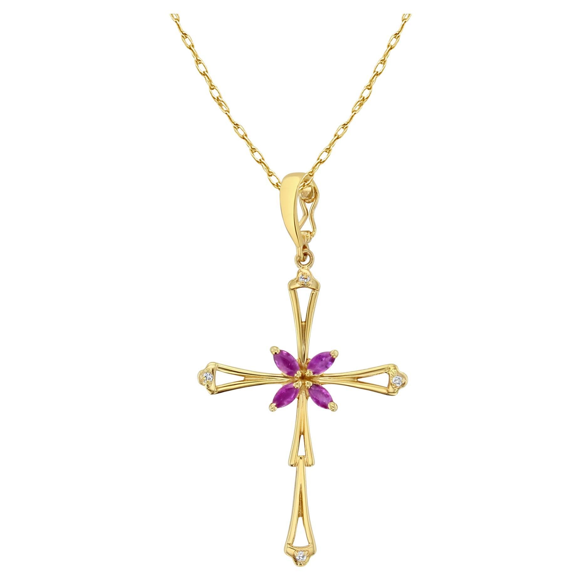 Croce d'epoca in rubino marquise con accenti di diamante in oro giallo 14k