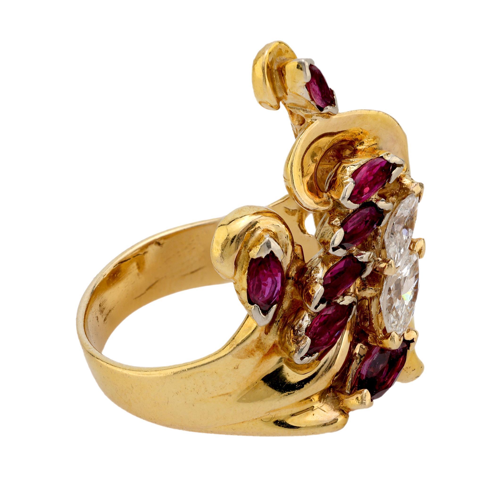 Modern Vintage marquise ruby diamond 14k yellow gold cocktail ring