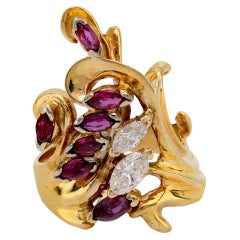 Vintage marquise ruby diamond 14k yellow gold cocktail ring