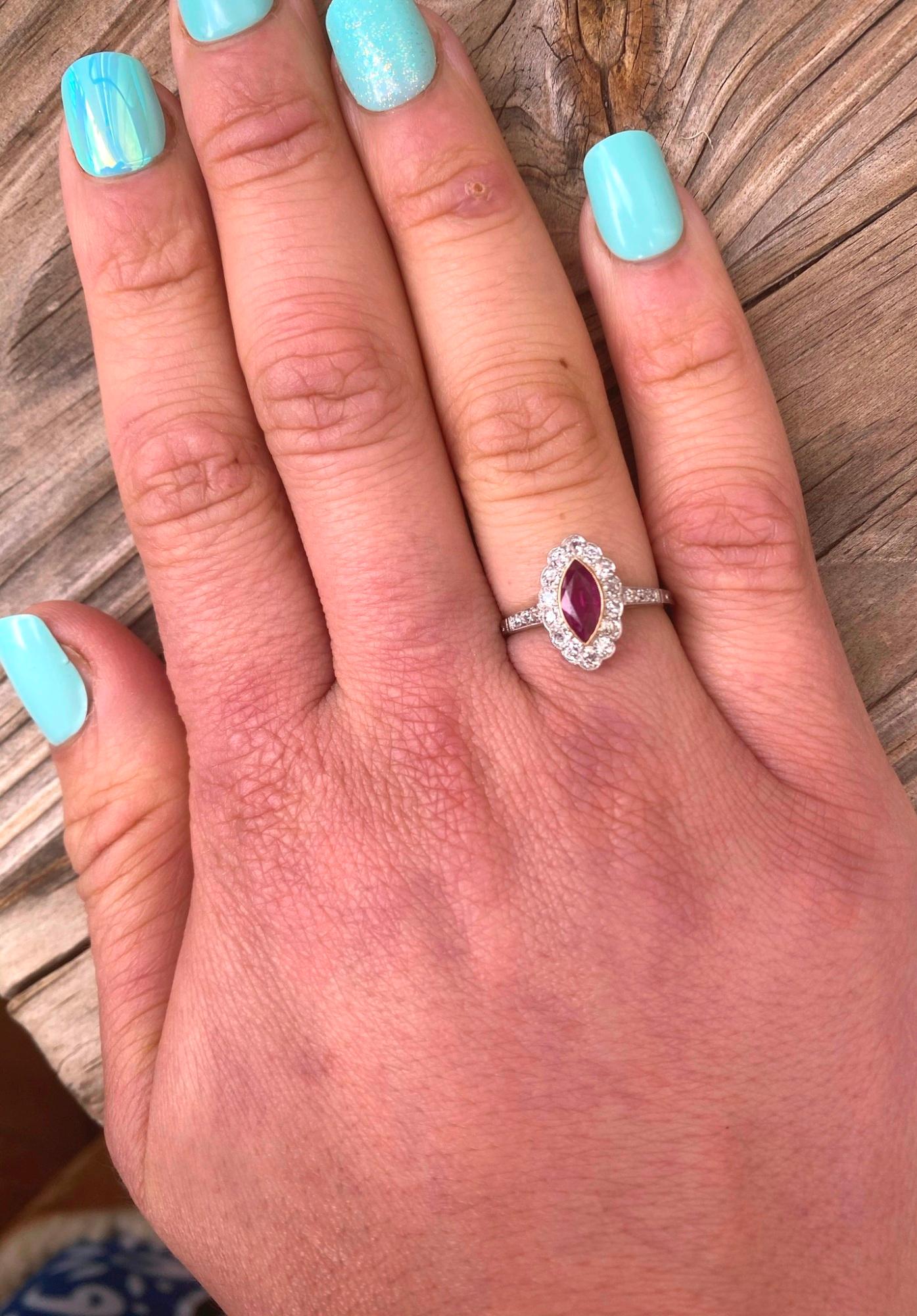 Vintage Marquise Ruby Diamond Platinum Ring In Excellent Condition In Woodland Hills, CA