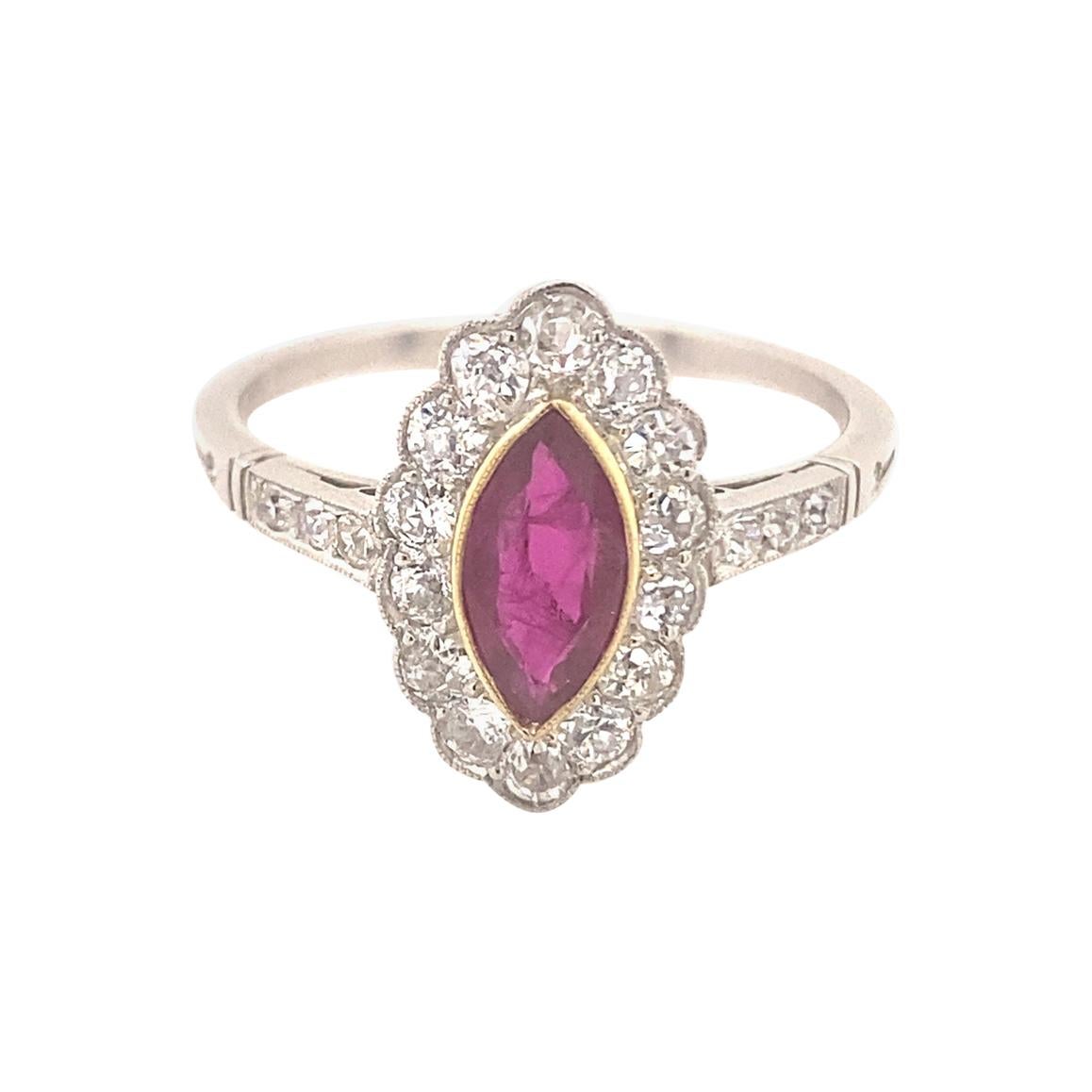 Vintage Marquise Ruby Diamond Platinum Ring