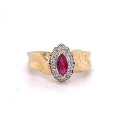 Vintage Marquise Ruby Pinky Ring, 0.3CT Ruby ring, diamonds halo, 14K Gold ring
