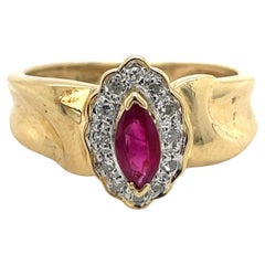 Vintage Marquise Ruby Pinky Ring, 0.3CT Ruby ring, diamonds halo, 14K Gold ring