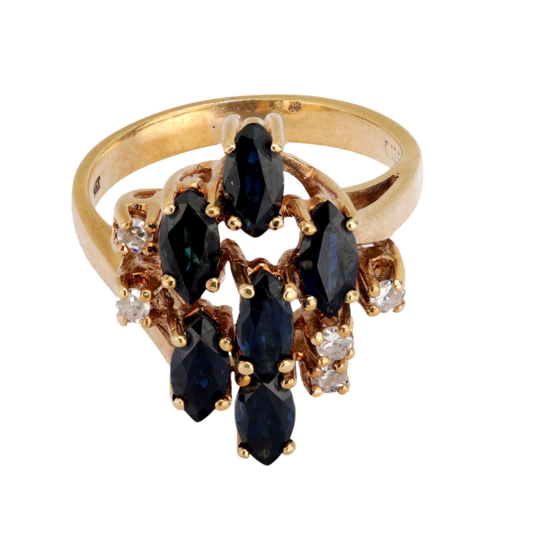 Modern Vintage marquise sapphire diamond 14k yellow gold ring For Sale
