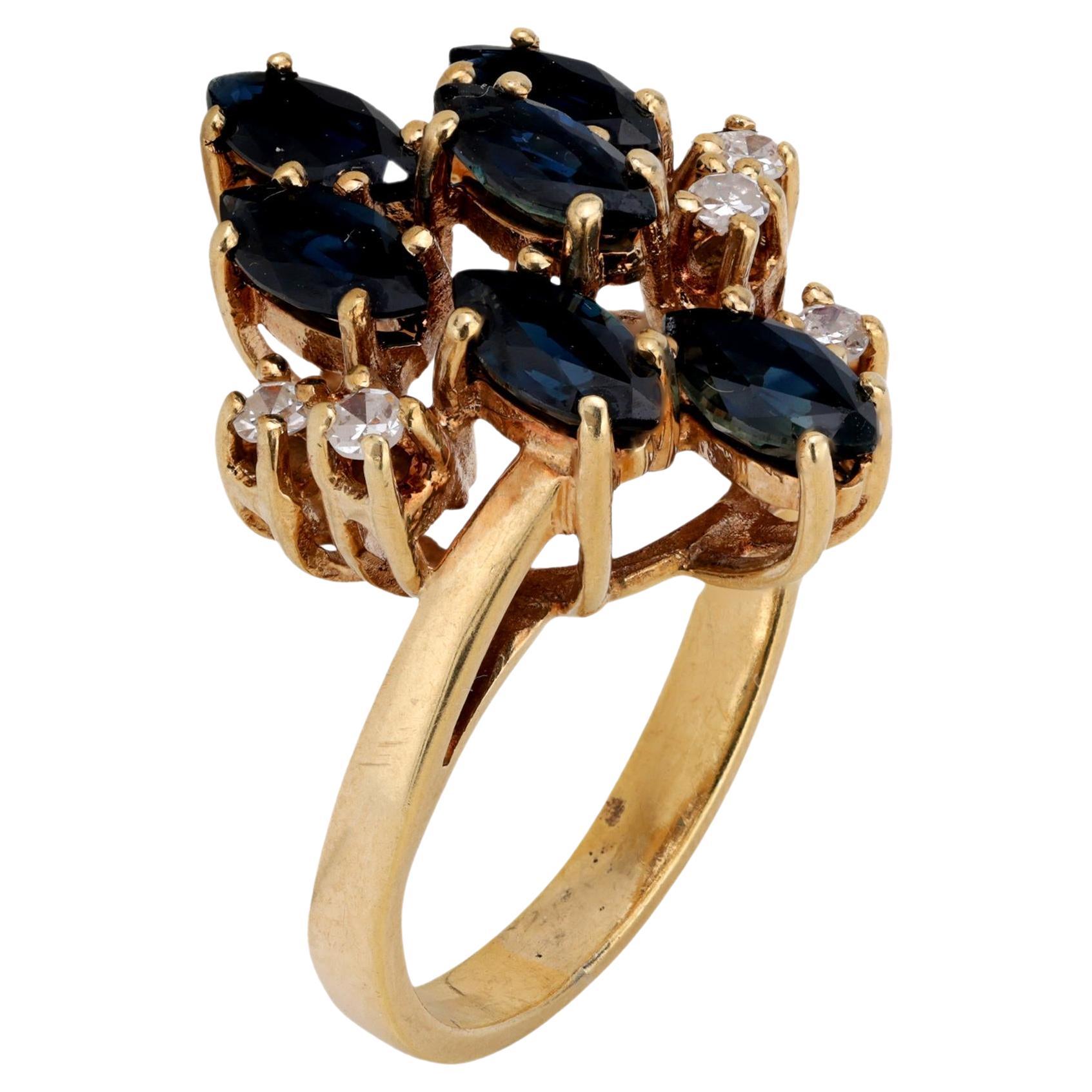 Vintage marquise sapphire diamond 14k yellow gold ring