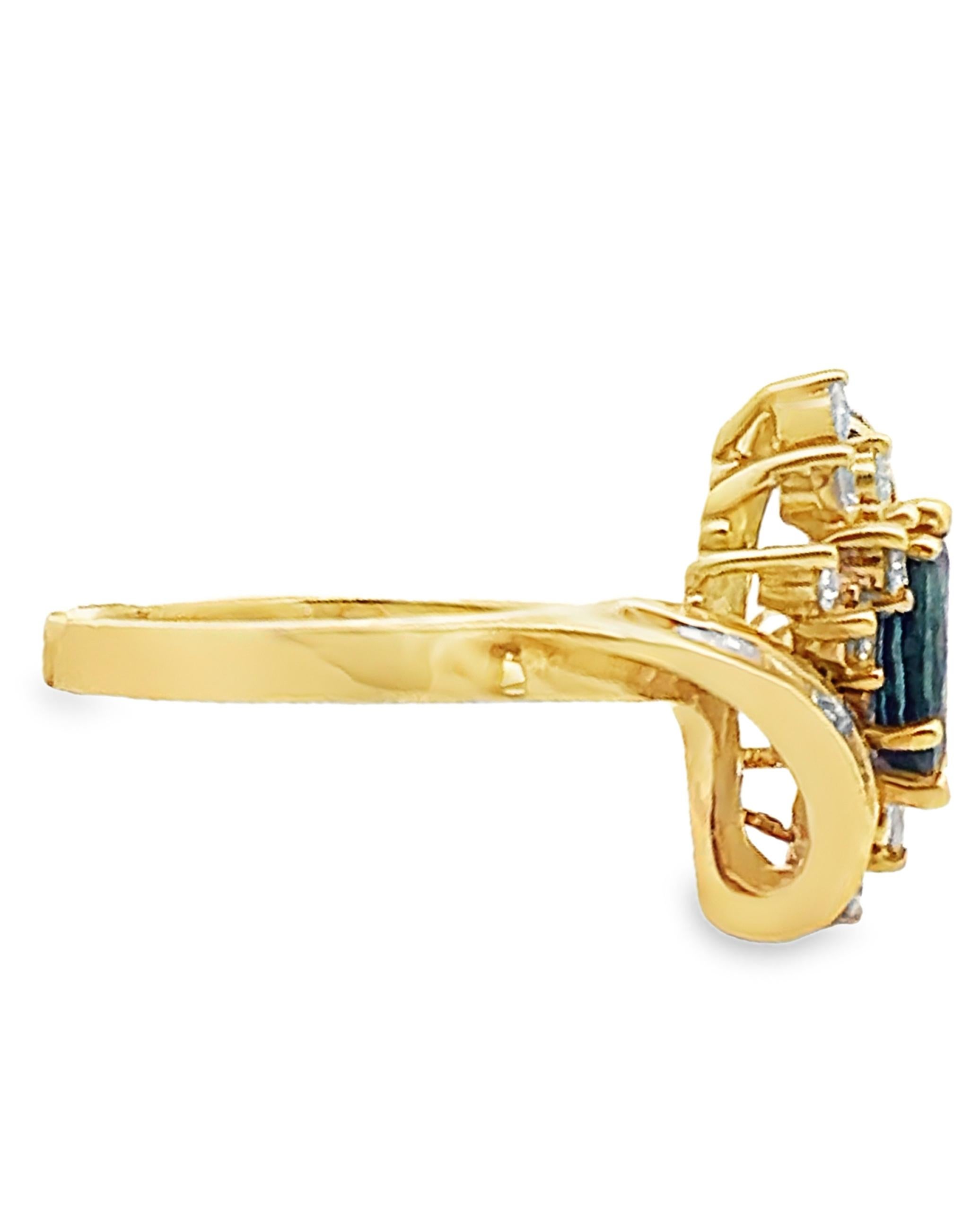 Mixed Cut Vintage Marquise Sapphire Ring with Baguette and Round Diamonds in 18K Gold For Sale
