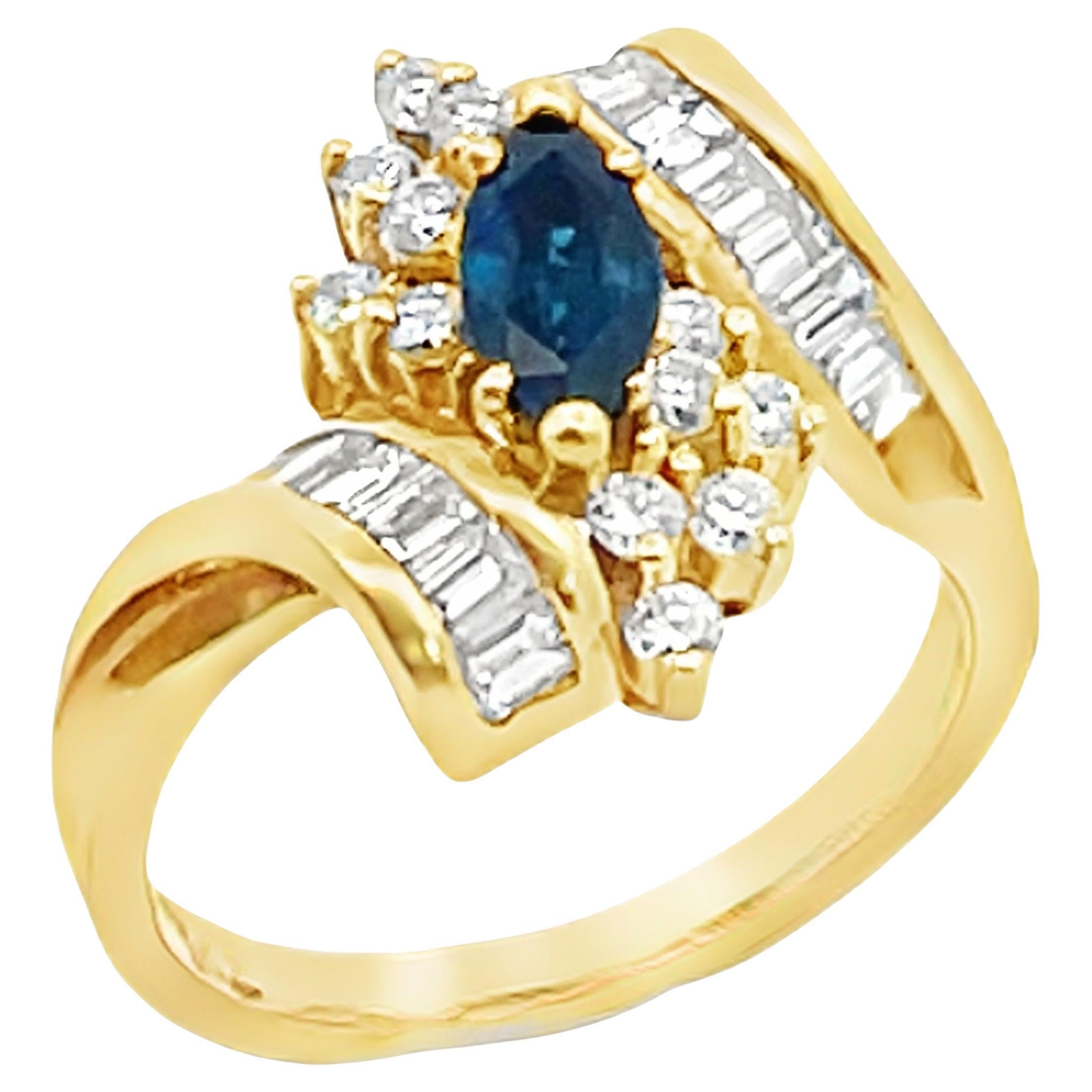 Vintage Marquise Sapphire Ring with Baguette and Round Diamonds in 18K Gold For Sale