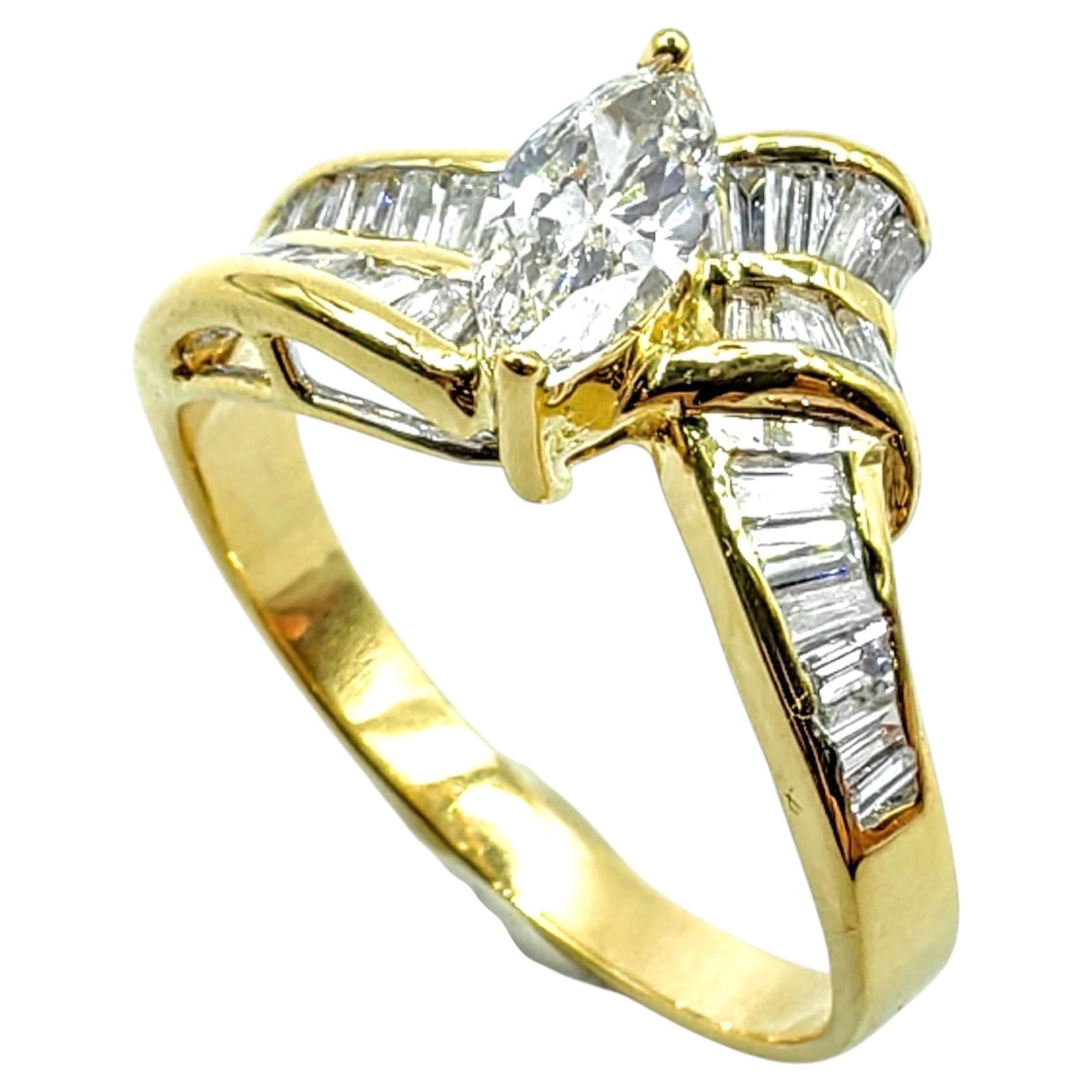 Vintage Marquise & Tapered Baguette Diamond Engagement Ring in 20K Yellow Gold