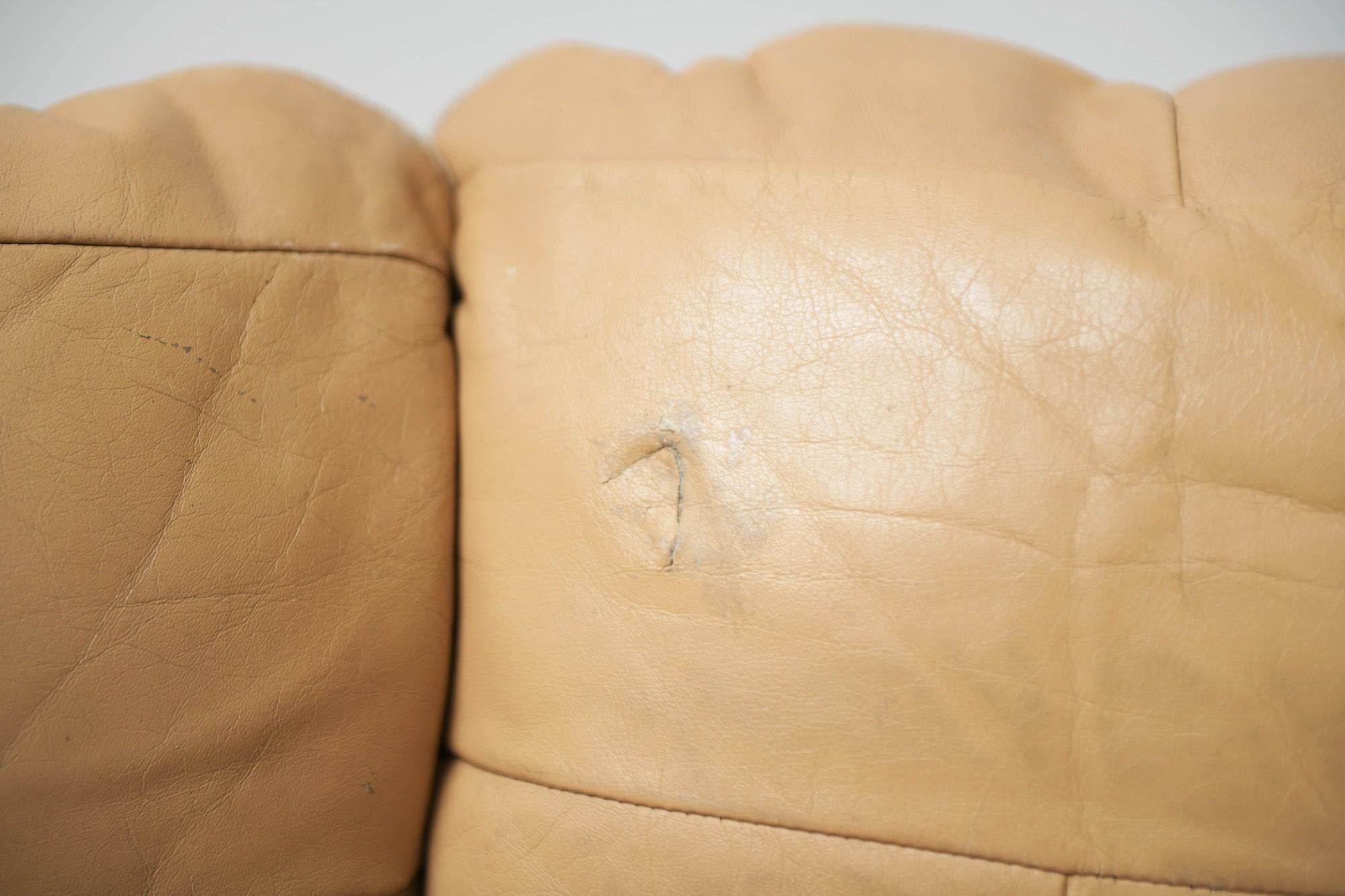 French Vintage Marsala Sofa, Beige Patchwork Leather by Michel Ducaroy for Ligne Roset