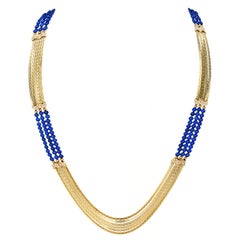 Vintage Marsha Barlow Diamond Lapis Bead Long Chain 18k Gold Necklace