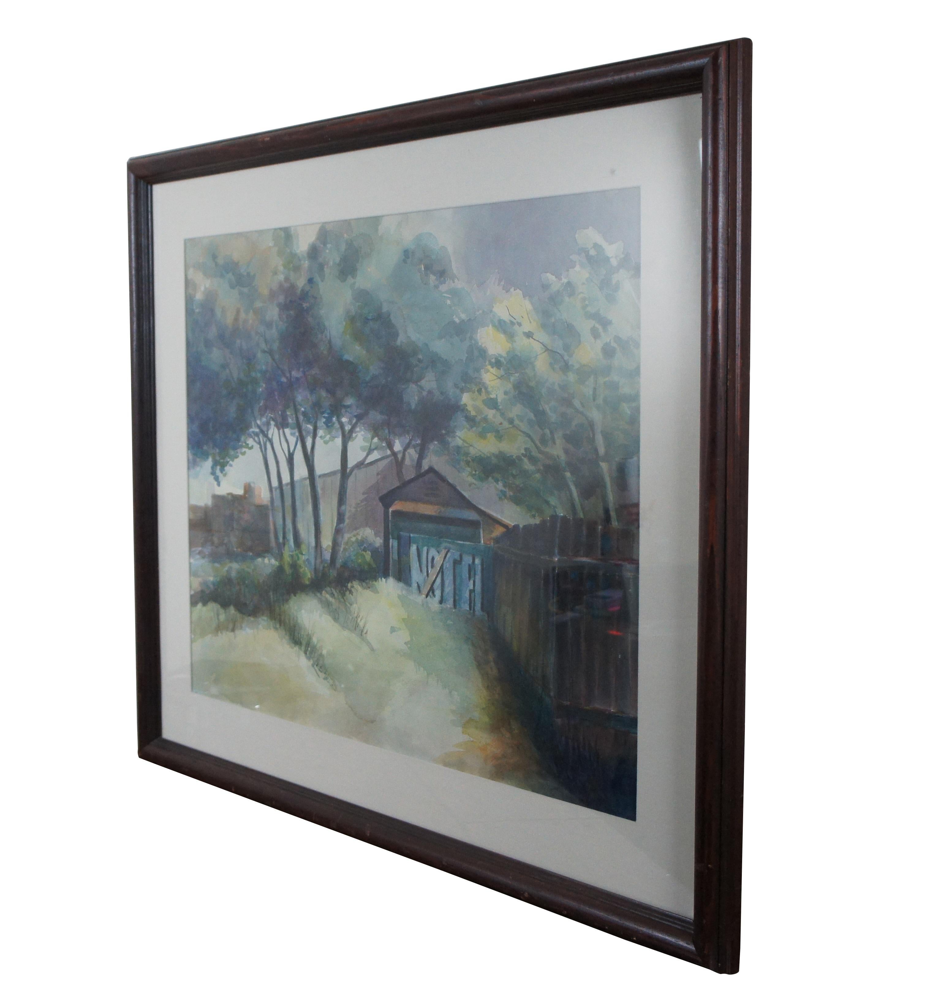Vintage framed watercolor painting featuring a backyard landscape / cityscape with barn / trees / fence and 