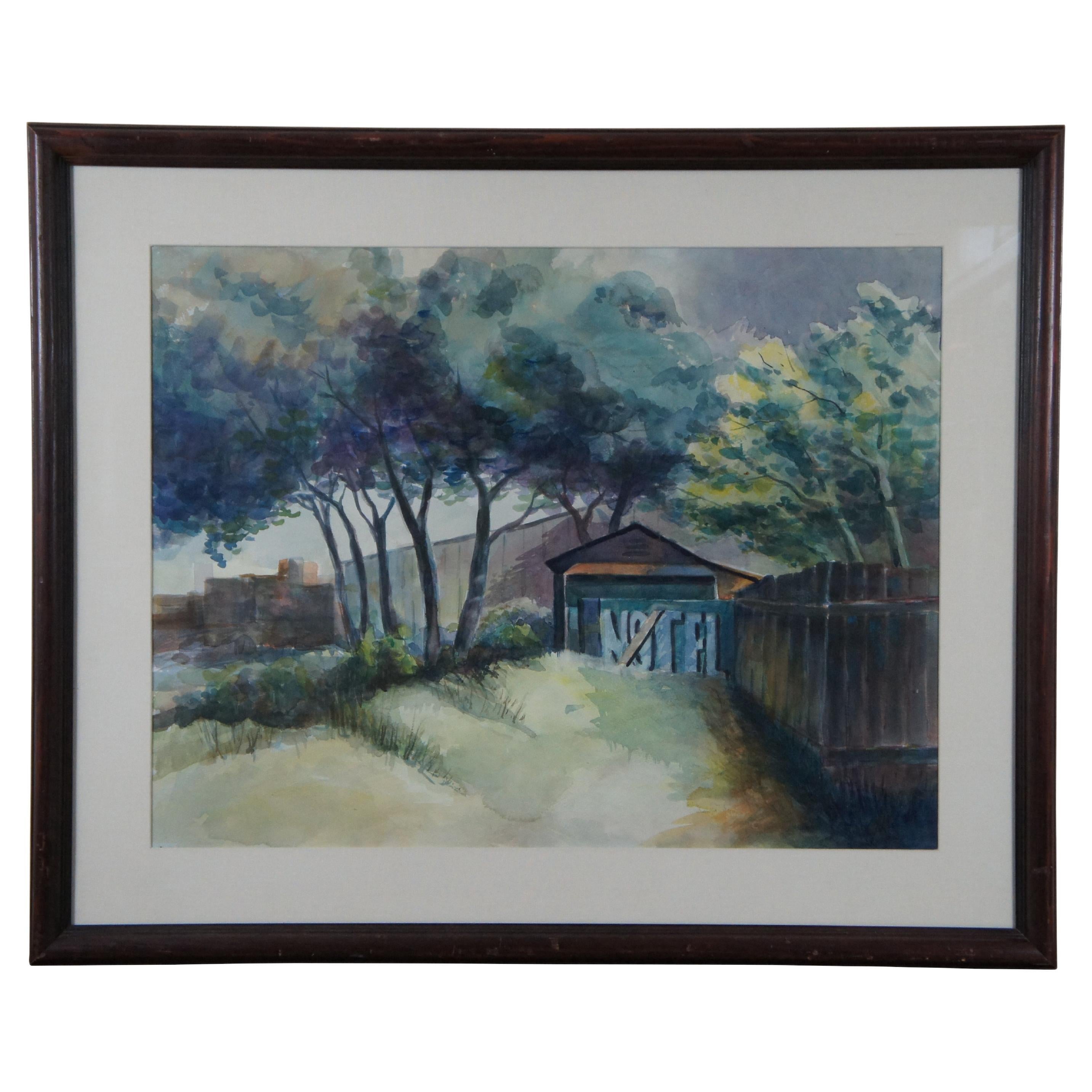 Vintage Marshall Turner Notel Motel Backyard Landscape Watercolor Painting 37" For Sale