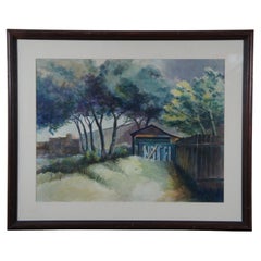 Used Marshall Turner Notel Motel Backyard Landscape Watercolor Painting 37"