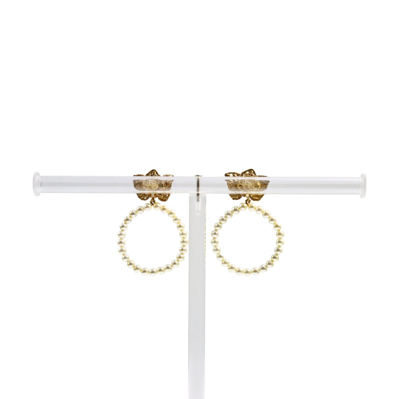 Vintage Martha Montero Gold and Faux Pearl Dangling Hoop Earrings Circa 1980s For Sale 5