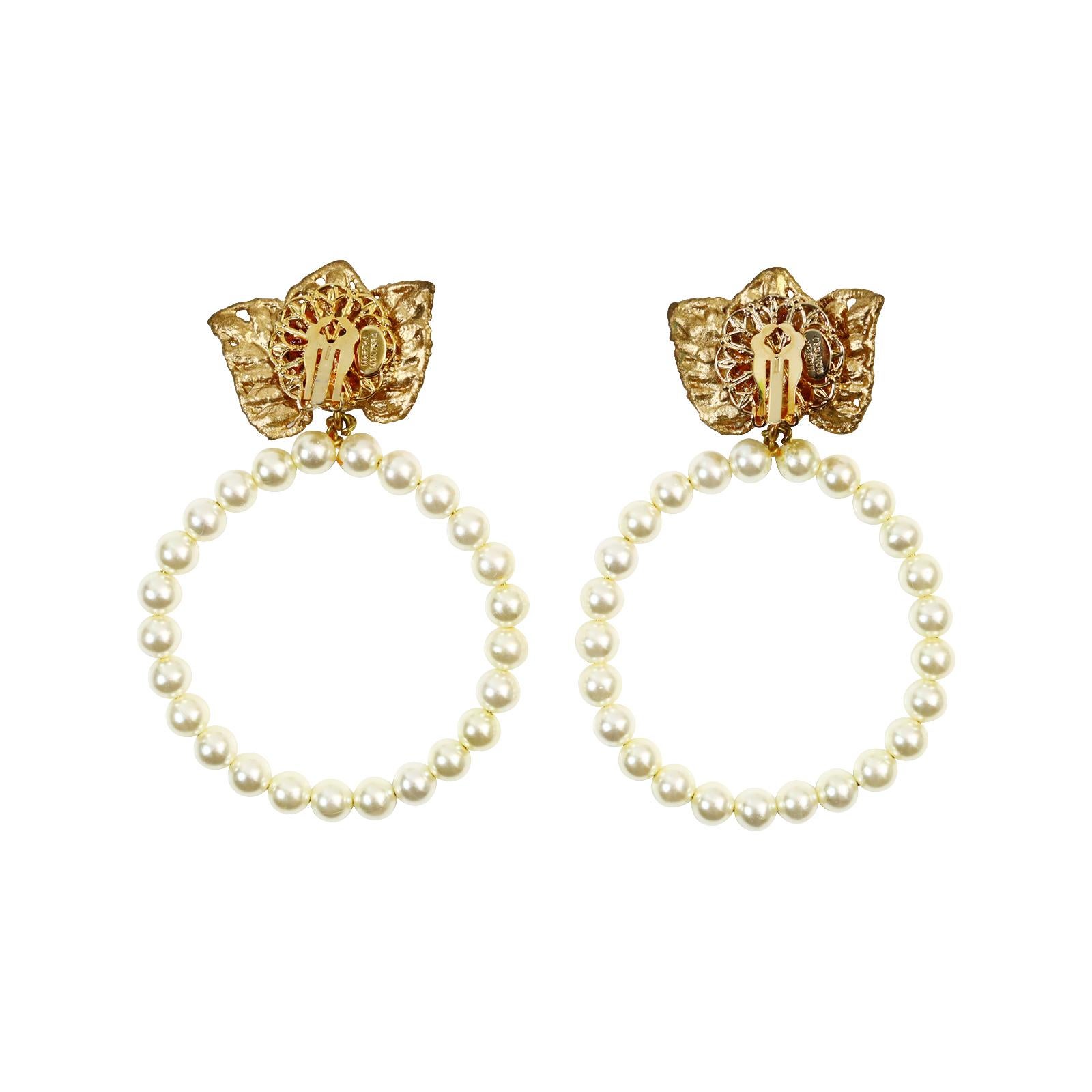 Vintage Martha Montero Gold and Faux Pearl Dangling Hoop Earrings Circa 1980s For Sale 1