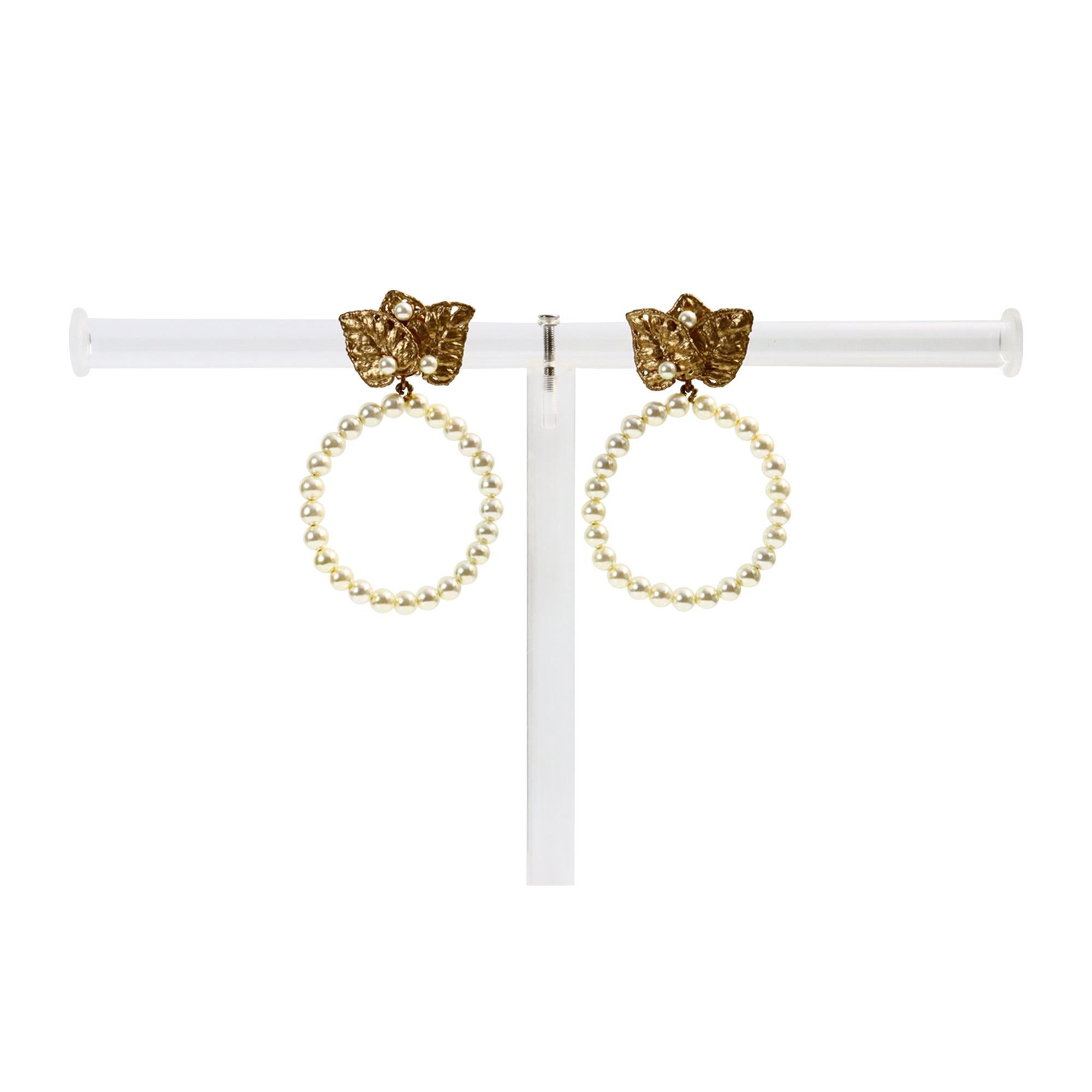 Vintage Martha Montero Gold and Faux Pearl Dangling Hoop Earrings Circa 1980s For Sale 3