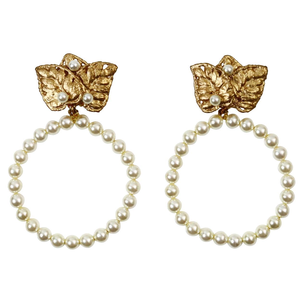 Vintage Martha Montero Gold and Faux Pearl Dangling Hoop Earrings Circa 1980s
