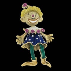 Vintage Martin 18K Gold 0.32ctw Ruby Detailed Enamel Girl Clown Pin Brooch