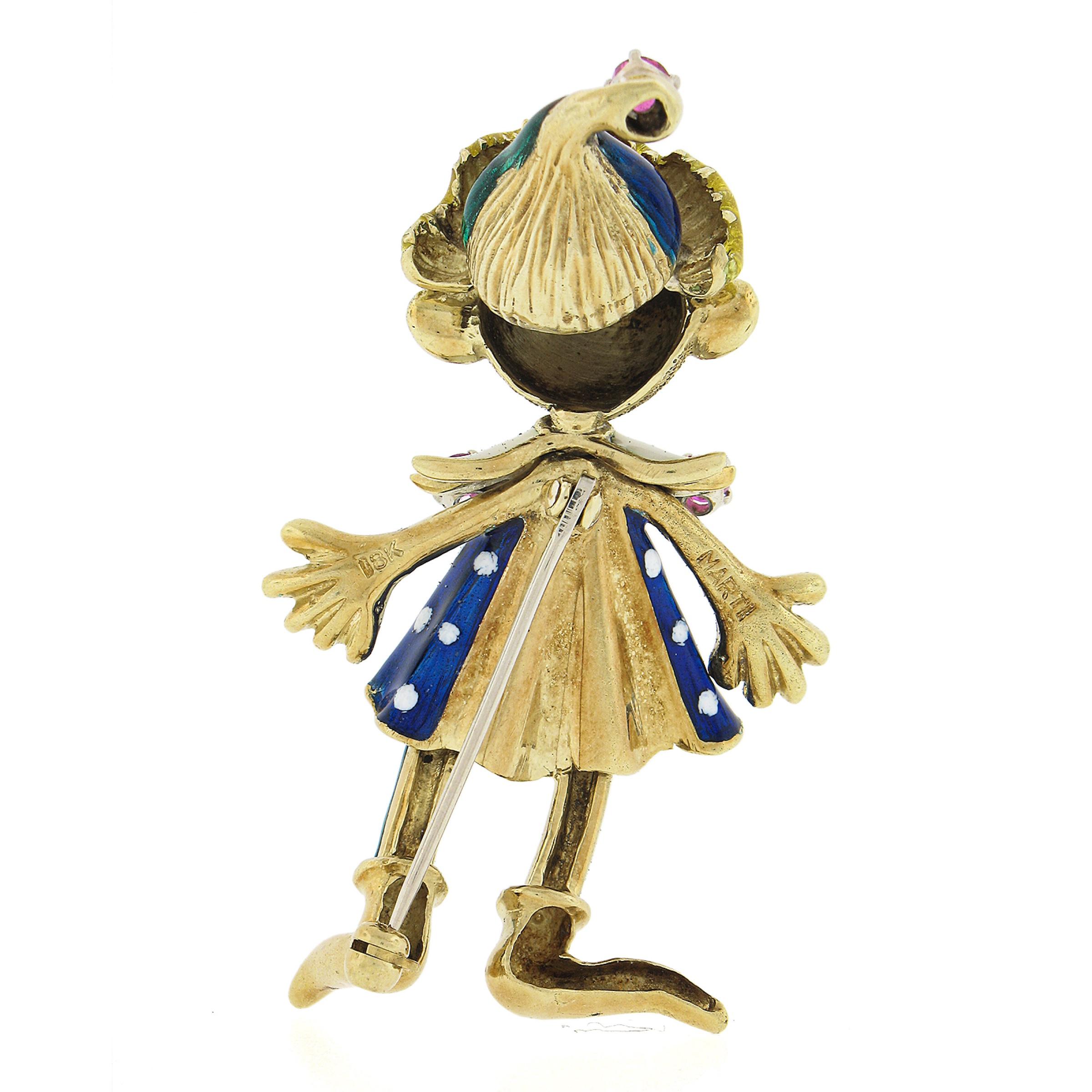 Round Cut Vintage Martin 18K Gold 0.32ctw Ruby Detailed Enamel Girl Clown Pin Brooch For Sale