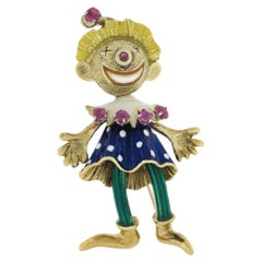 Martin Broche clown vintage en or 18 carats avec détails en émail et rubis 0,32 carat