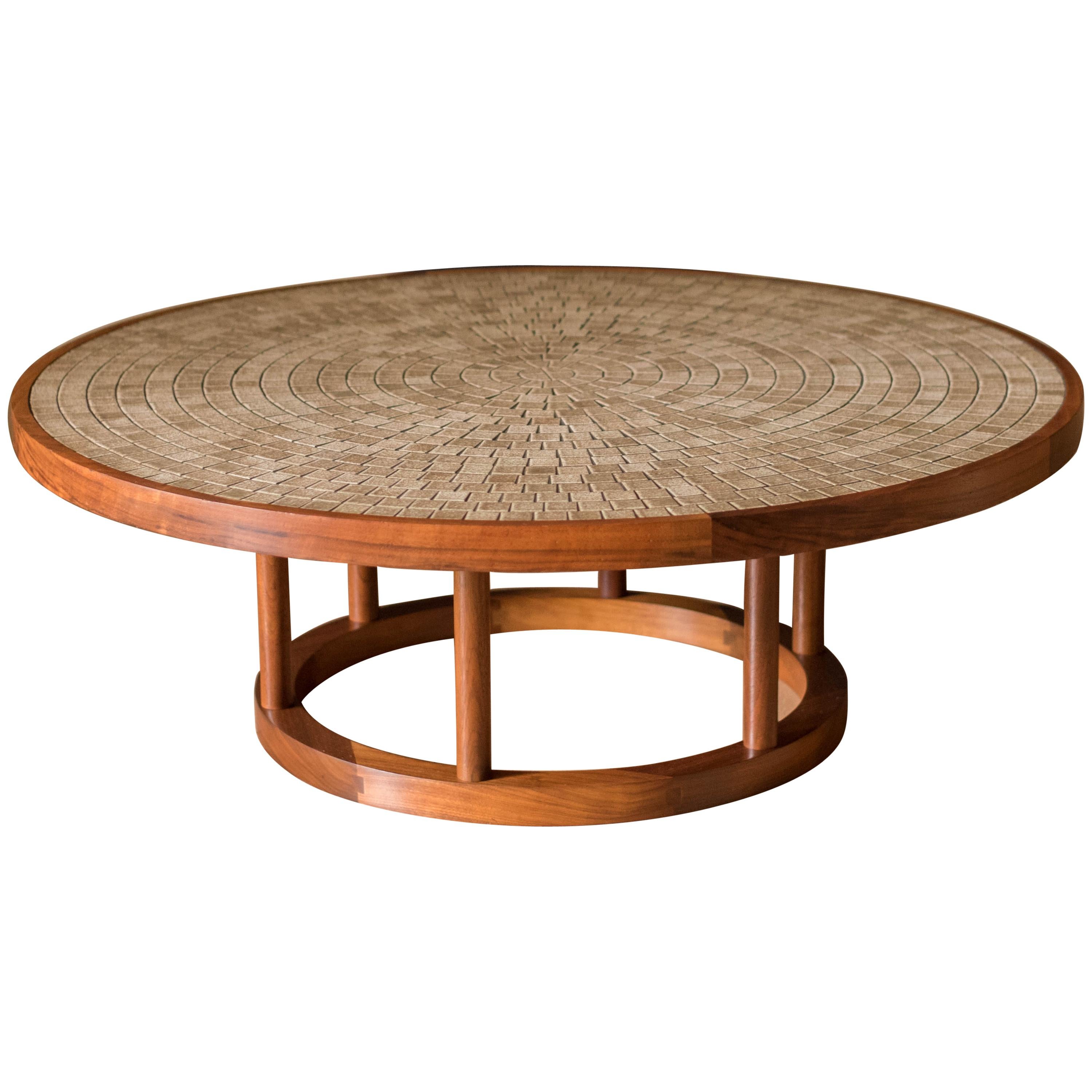 Vintage Martz Ceramic Tile and Walnut Pedestal Coffee Table