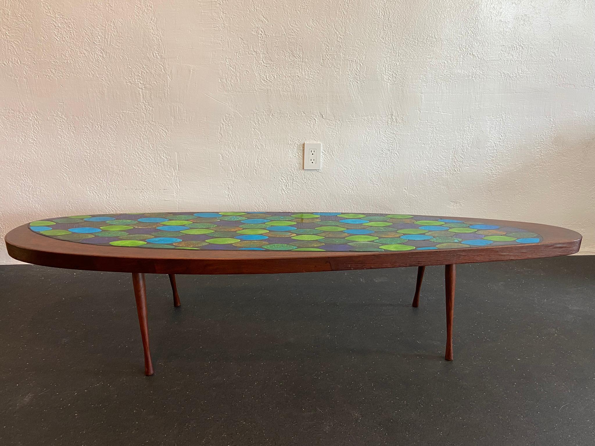 Unknown Martz Style Ceramic Tile Inlaid Walnut Coffee Table For Sale