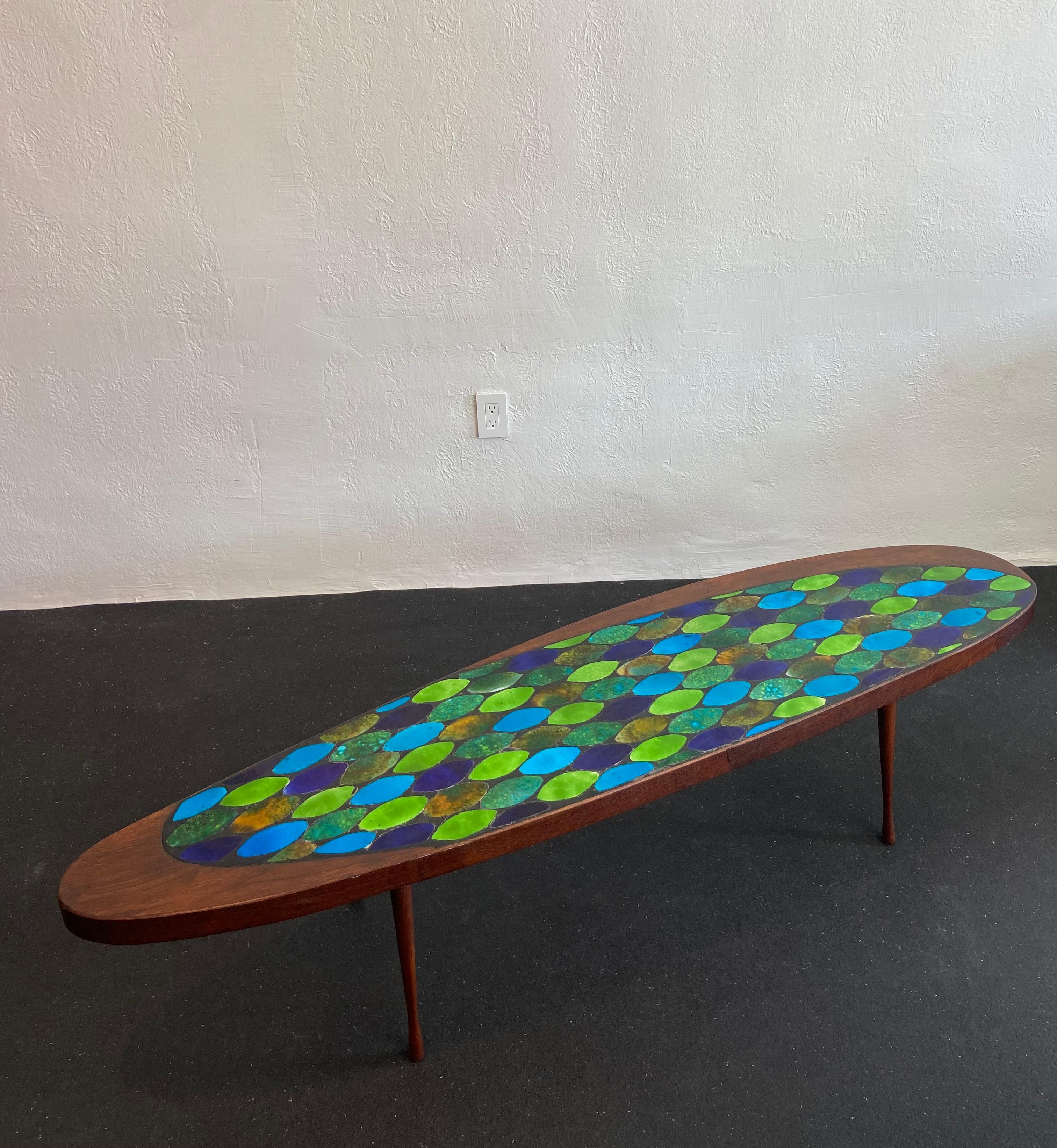 Late 20th Century Martz Style Ceramic Tile Inlaid Walnut Coffee Table For Sale