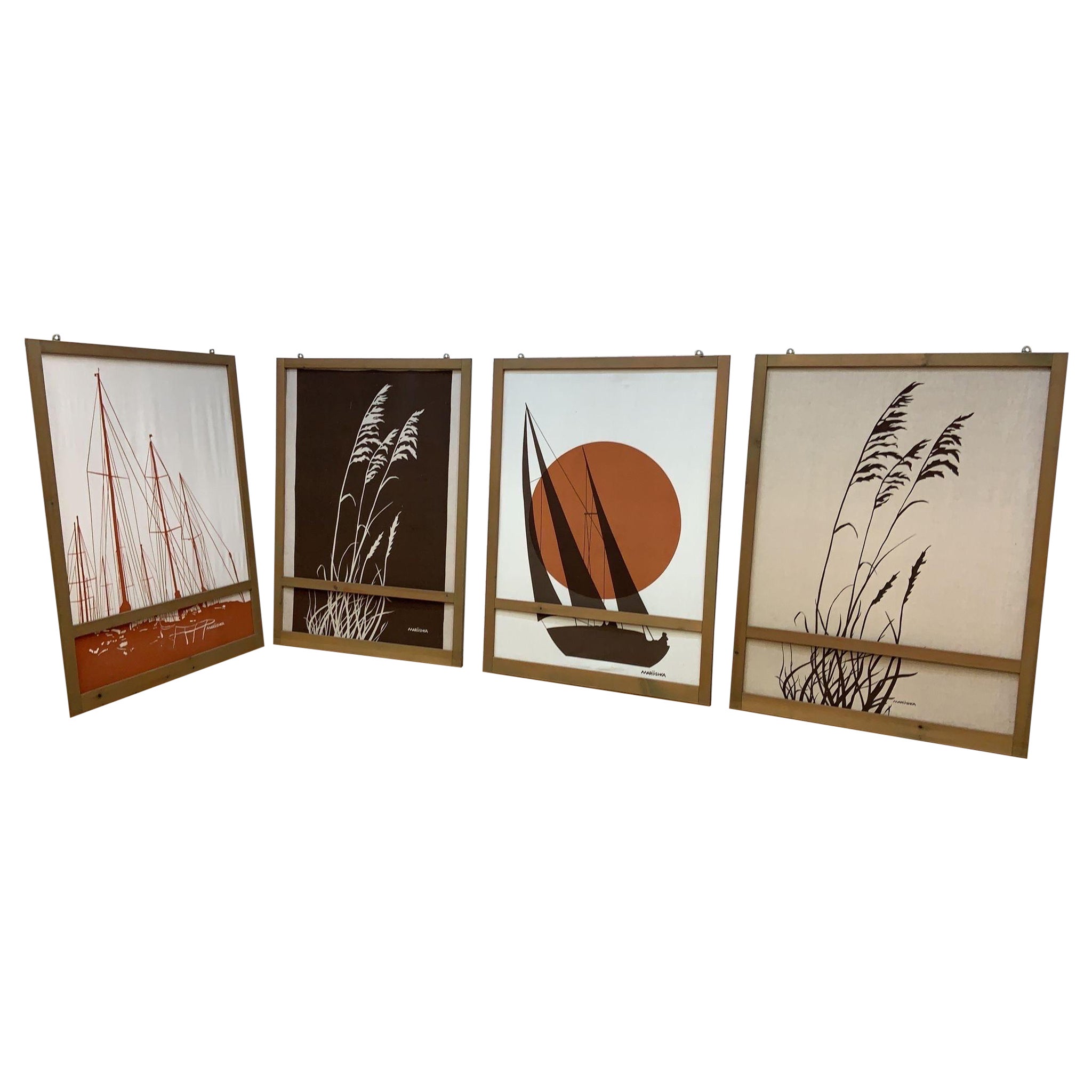Vintage Marushka Canvas Art Print Fabric Framed Panels - Set Of 4