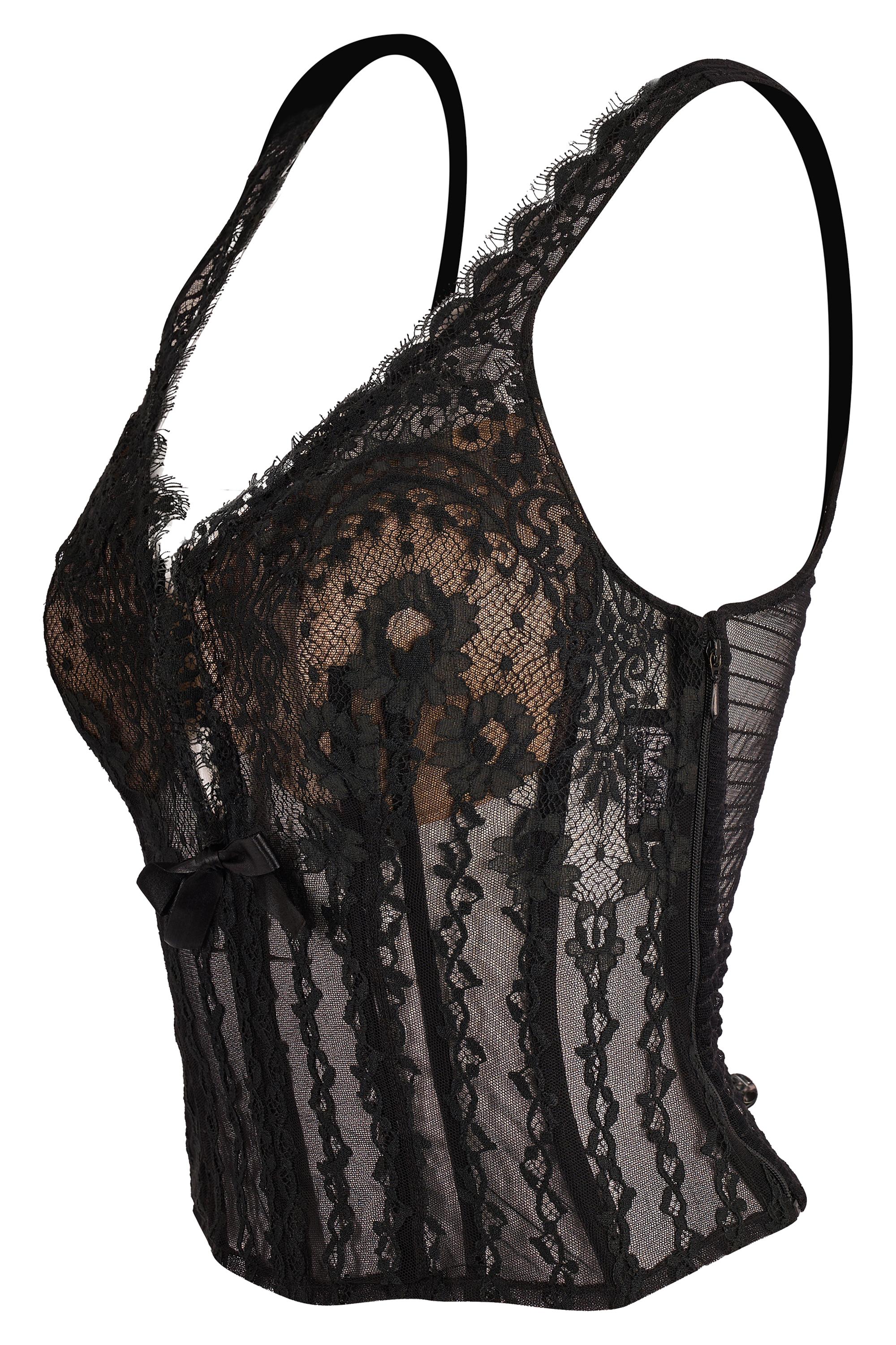 Vintage Marvel By La Perla schwarzer Spitze Korsett. Mit zarter schwarzer Spitze mit floralen Motiven und transparenten Einsätzen, nackten Cups, Unterbruststütze, tiefem V-Ausschnitt und schwarzem Seidensatinband auf der Vorderseite. Wird mit einem