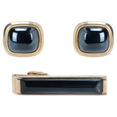 Vintage Marvel Goldtone Negro Cuadrado Gemelos y Rectángulo Pasador de Corbata