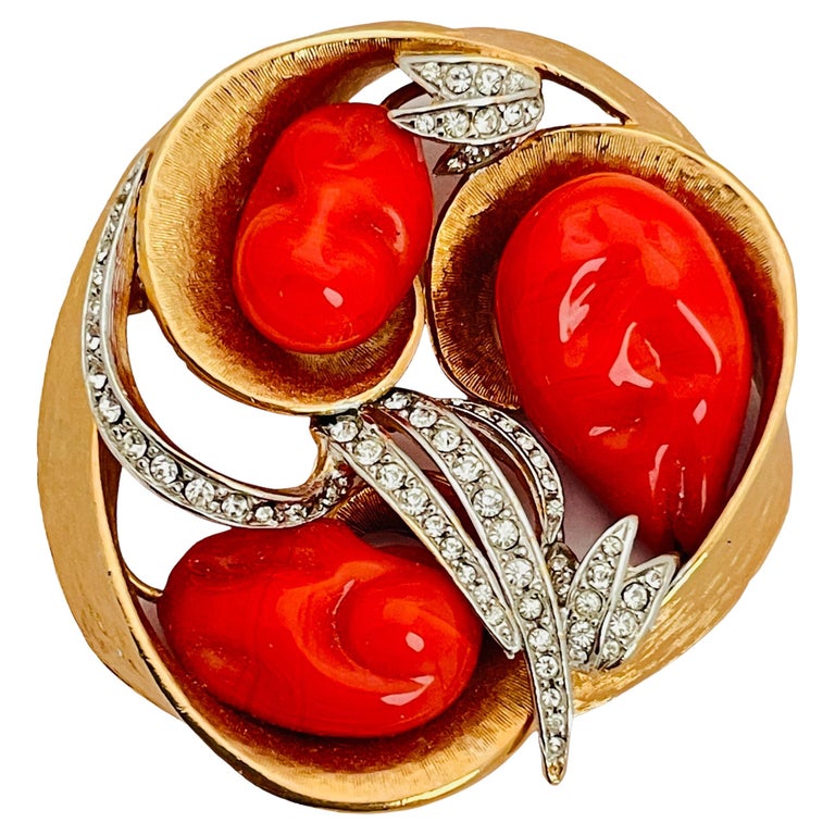 Vintage MARVELLA gold faux coral rhinestone designer runway brooch at