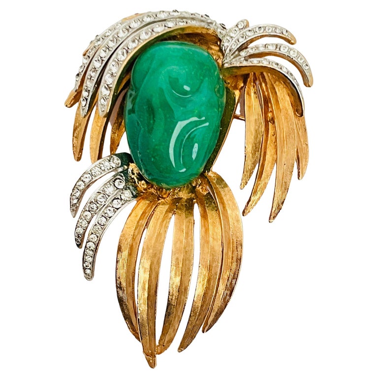 Vintage MARVELLA gold faux jade rhinestone designer runway brooch at